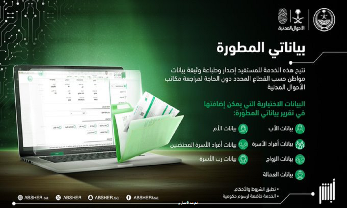 منصة أبشر.. إطلاق خدمة “بياناتي المطورة” لإصدار وطباعة وثيقة بيانات المواطن إلكترونيًا
