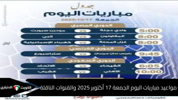 يوم كروي مولّع الجمعة 17 أكتوبر 2025.. مواعيد مباريات اليوم والقنوات الناقلة محلياً وعالمياً والجماهير مستنية القمم